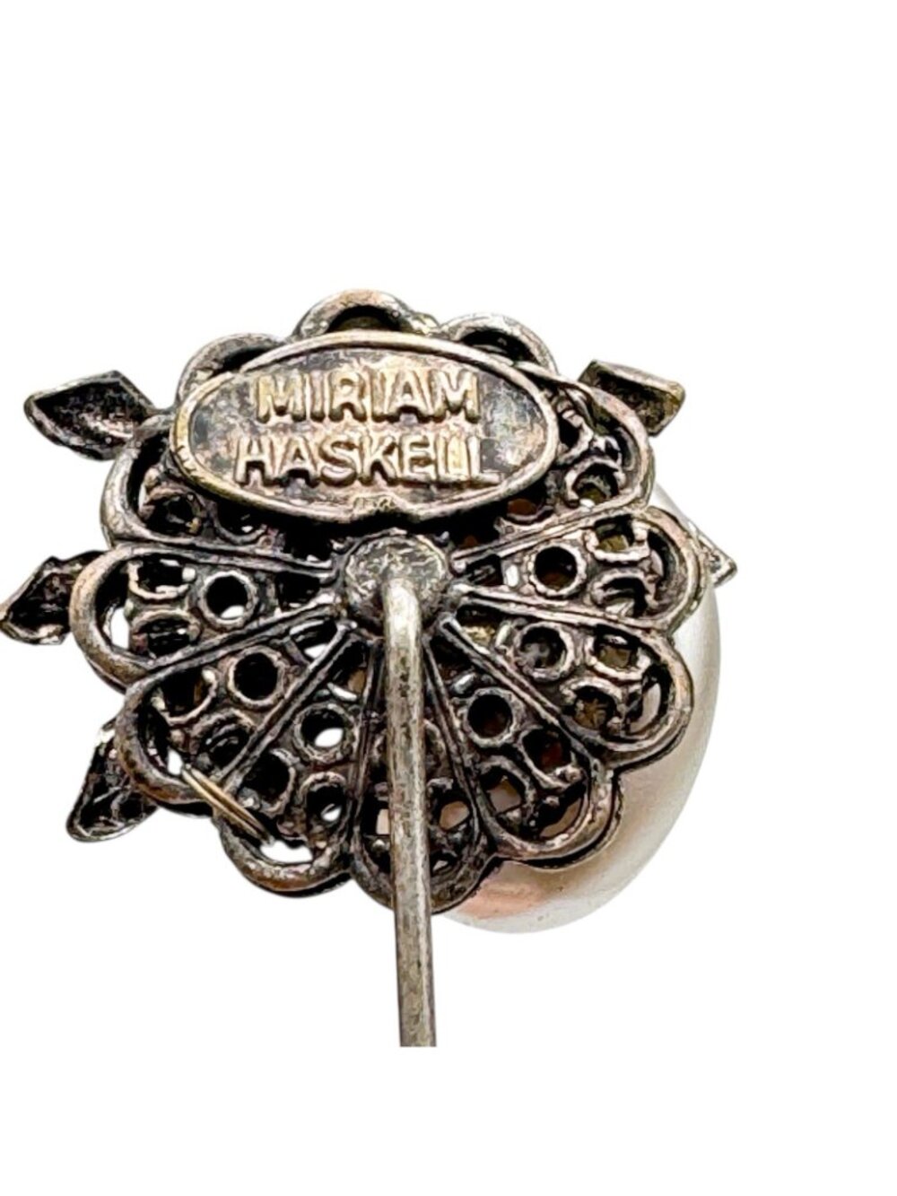 MIRIAM HASKELL vintage signed stick pin antique brass faux baroque pearl flowers - Picture 8 of 11